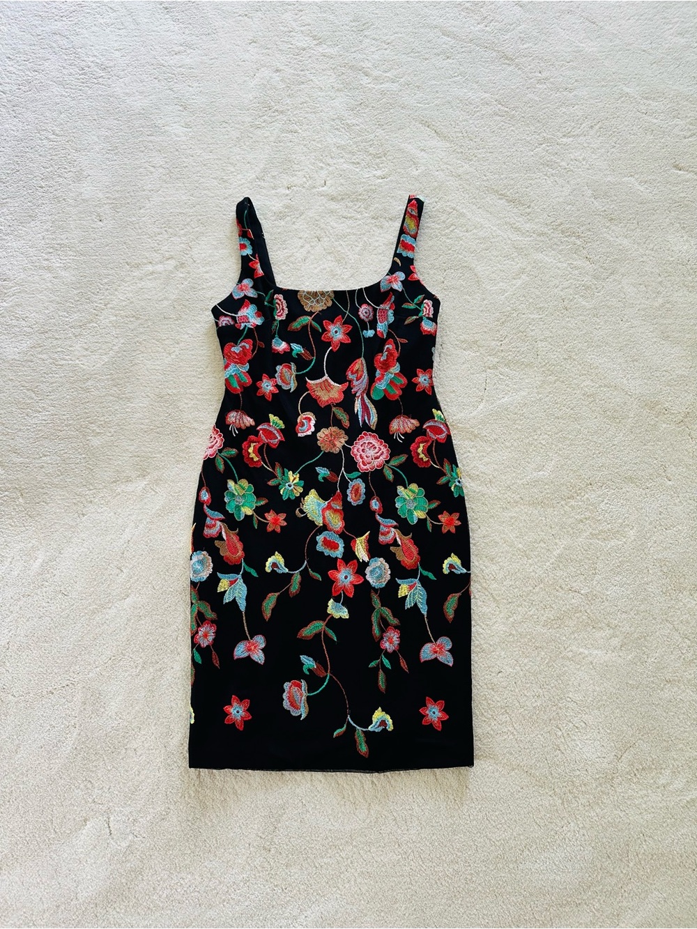 Nicole Miller Black Mini Dress with Multicolor Floral Embroidery